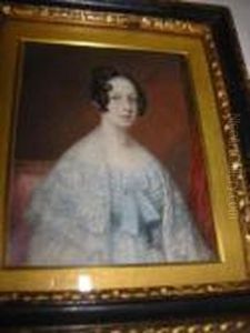 A Lady In Pale Blue Dress Seated On A Redupholstered Chair by James Warren Childe