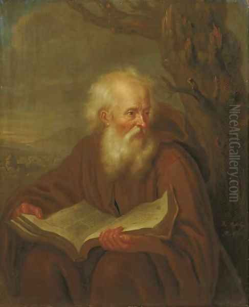 A hermit reading by a tree, a landscape beyond - view 1