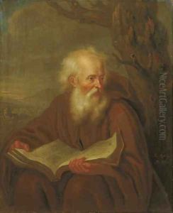 A hermit reading by a tree, a landscape beyond by Balthasar Beschey