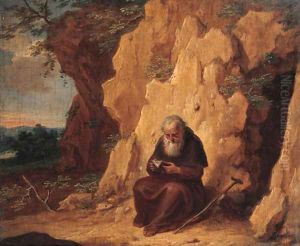 A hermit by a grotto by Balthasar Beschey