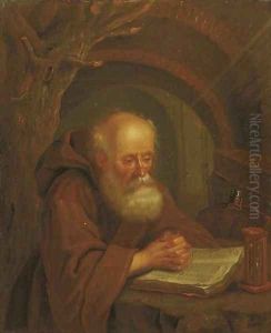 A hermit reading by a vaulted grotto by Balthasar Beschey