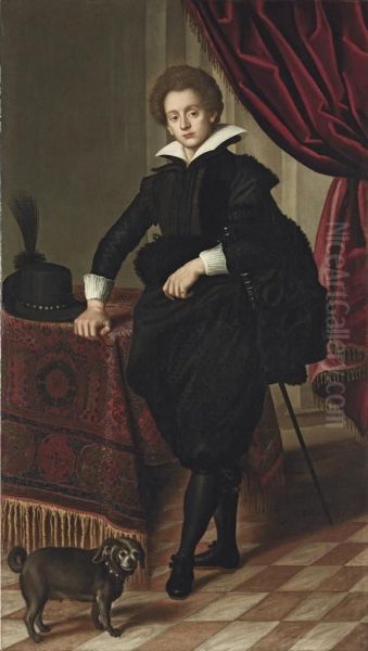 Portrait Of A Gentleman,
Possibly Of The Strozzi Family, Full-length, In Black Doublet, Mantle
And Pantaloons, Wearing A Sword, His Hat On The Carpet-draped Table
Beside, With A Draped Curtain And A Lap-dog - view 1
