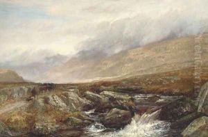 A drover and his cattle on a Highland track beside a rocky stream by Charles Thomas Burt