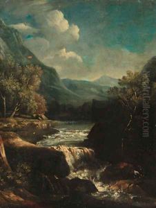 An Italianate rocky river landscape with travellers on a track