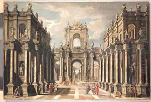An architectual fantasy with classical figures conversing and contemporary spectators above by Francesco Galli, Il Bibiena