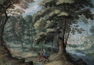 A river Landsape with the Flight into Egypt by Friedrich The Elder Brentel