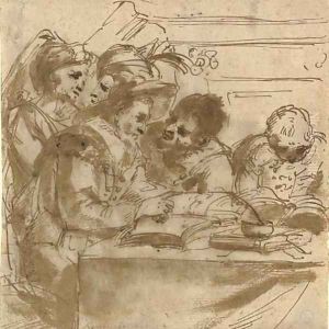 A group of figures at a table reading books by Gian Antonio Burrini