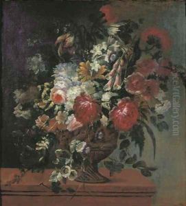 Roses, peonies, tulips, carnations, poppies and other flowers in a bronze vase on a ledge