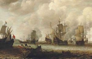 A naval battle between Dutch and Spanish men o'war by Jan Abrahamsz. Beerstraaten