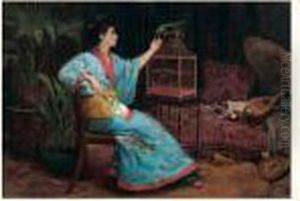 Jeune Femme Au Perroquet by Paul Charles Chocarne-Moreau