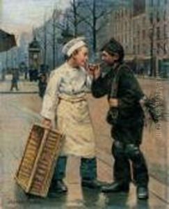 Pariser Strassenszene Mit Einem Backerjungen Und Einem Kleinen Schornsteinfeger. by Paul Charles Chocarne-Moreau