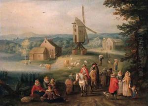 Travellers and peasants on a country road, a windmill beyond by Karel Beschey