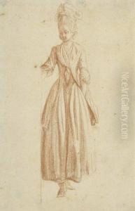 Junge Dame, Stehend Von Vorn, Mit Der Rechten Eine Turoffnend