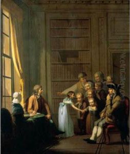 Interior Of A Large House With A Peasant Family Being Presented To A Lord by Daniel Nikolaus Chodowiecki