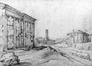 View of the Piazza della Bocca della Verit, the church of S. Maria in Cosmedin in the distance