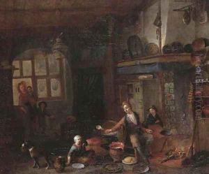 A domestic interior with a family seated by the hearth by Richard Brakenburgh