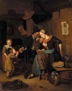 An interior scene with a couple and children by Richard Brakenburgh