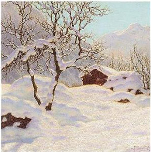 Mountain Cabin Under Snow - view 1