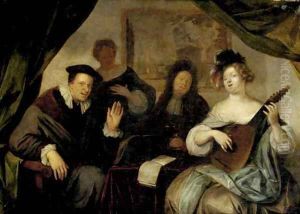 A merry company making music and singing in an interior by Richard Brakenburgh