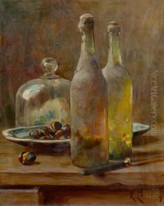 Stilleben Mit Zwei Flaschen Und Kastanien by Rene Louis Chretien