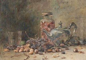 Herbstliches Stillleben Mit Trauben, Kastanien Und Nussen. by Rene Louis Chretien