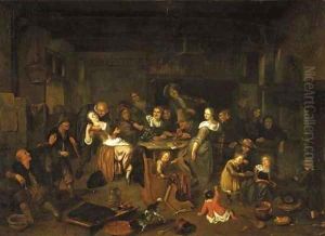 Boors merry making in an inn with a pancakecook in the foreground by Richard Brakenburgh