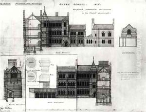 South Elevation and East Elevation, New School, Rugby School by William Butterfield