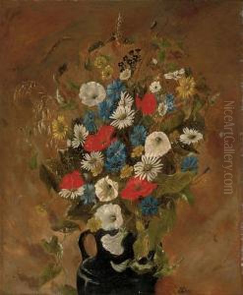 Poppies, Cornflowers, Daisies, Buttercups And Other Summer Blooms And Grasses In A Jug - view 1