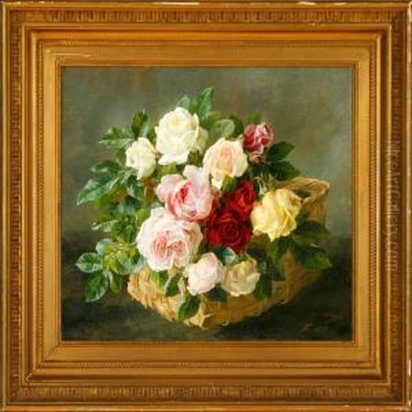 Red, Yellow Andpink Roses In A Basket On A Table - view 1
