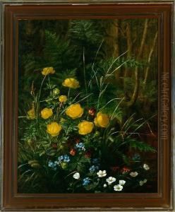 A Forest Floor With Buttercups, Anemones And A Butterfly