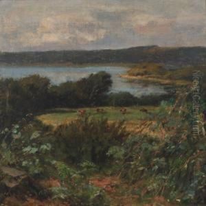Landscape With Cows In The Field, In The Backgroundinlet by Godfred B.W. Christensen