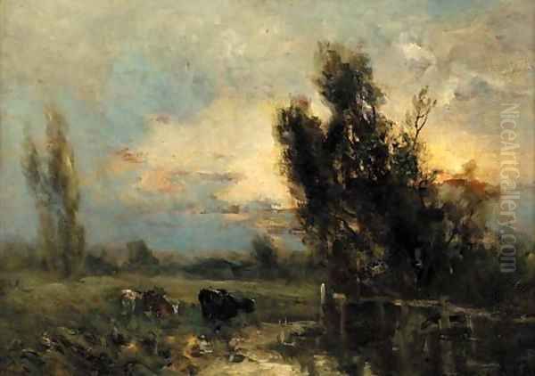 Cattle watering at dusk - view 1