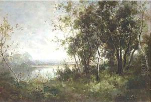 A wooded river landscape by George Boyle