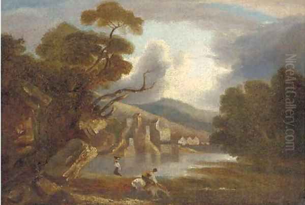 Figures before a lakeside village - view 1