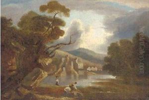 Figures before a lakeside village