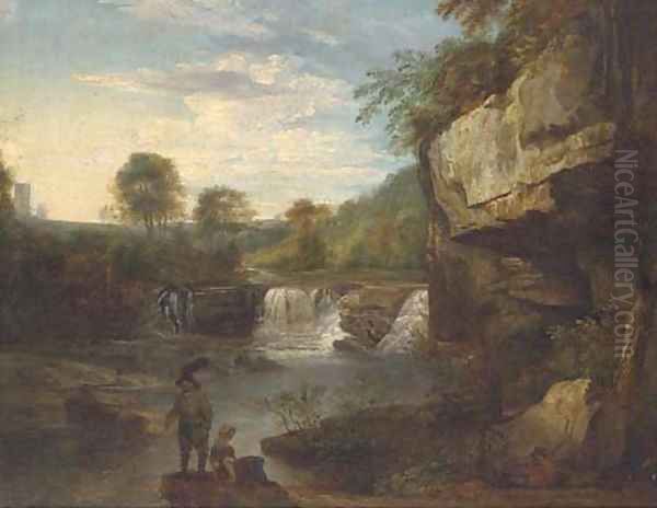 Figures on the bank of a river in a rocky gorge - view 1