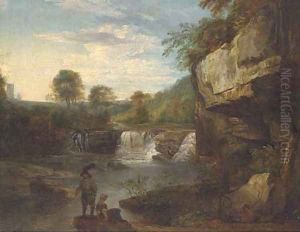 Figures on the bank of a river in a rocky gorge