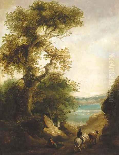 A drover on a wooded path with a lake beyond, a figure resting in the foreground - view 1