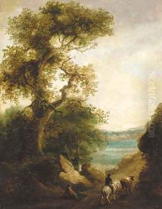 A drover on a wooded path with a lake beyond, a figure resting in the foreground by Thomas Barker of Bath