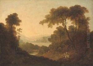 A wooded river landscape with travellers at rest on a bank
