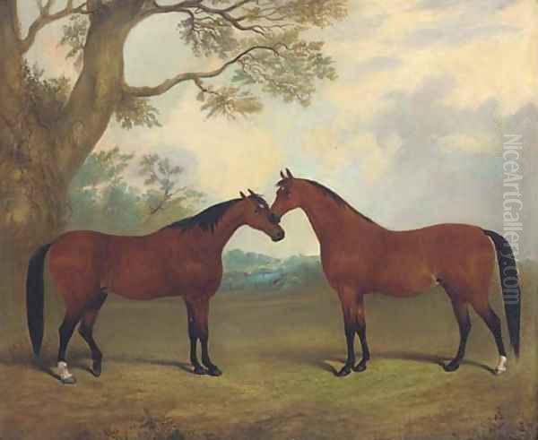 Two bay hunters in a landscape - view 1