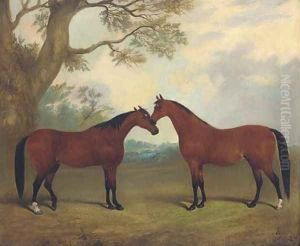 Two bay hunters in a landscape by Thomas W. Bretland