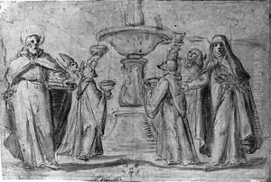 Saints gathering water from a fountain, Saint Paul and Saint Catherine standing in the foreground by Fabrizio Boschi