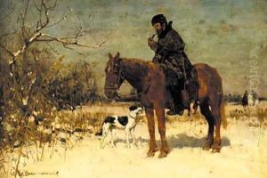 A horseman and his dog in a snowy landscape by George W Brennemann