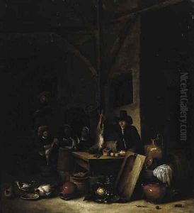 A sportsman displaying a dead hare with peasants preparing game beyond
