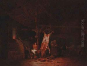 The interior of a barn, with a slaughtered pig, a maid and two fighting peasants