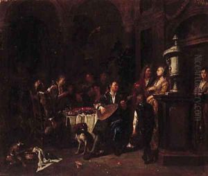 Elegant company making music and dining on a roof terrace by Maximilian Blommaerdt