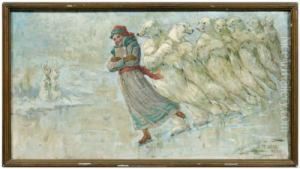 Woman Skating With A Line Of Polar Bears by Frederick Stuart Church