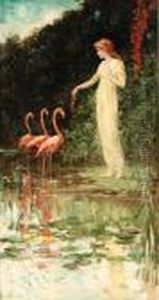 Standing Woman With Three Pink Flamingos