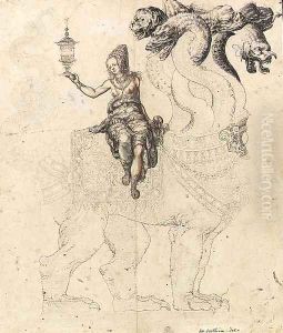 The Whore of Babylon seated on a seven-headed beast by School Of Berne